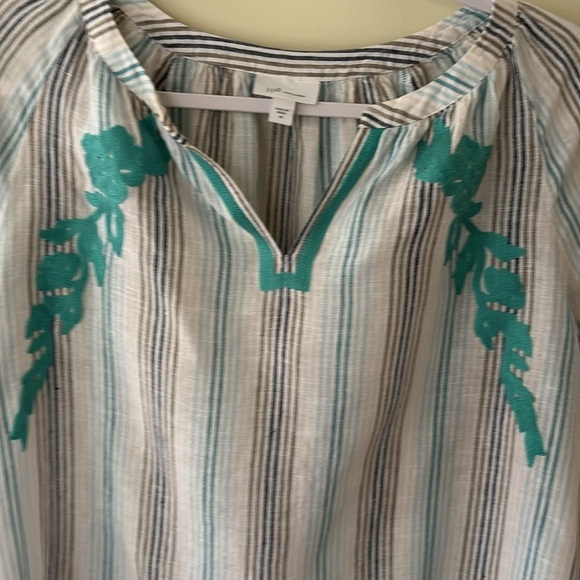 J. Jill Love Linen Blouse White With Teal Stripes Scroll Pattern Size M - Picture 3 of 10